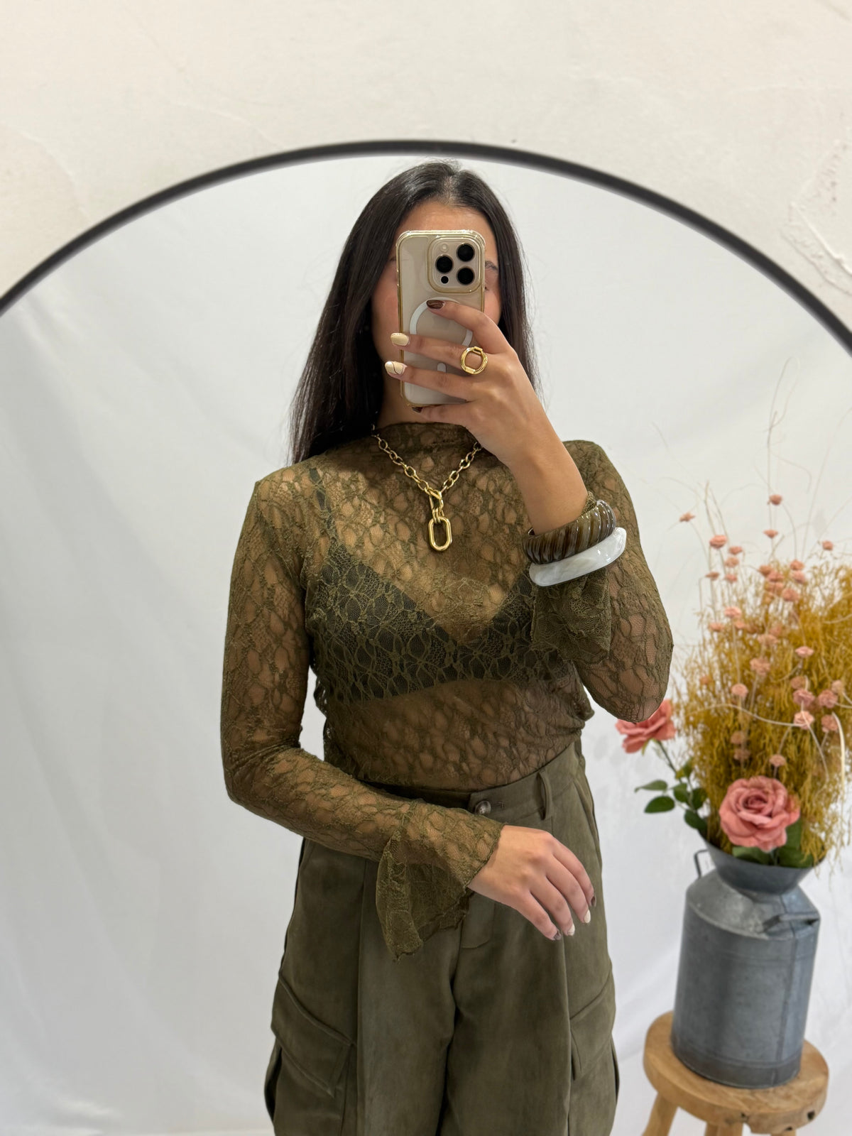 Haut dentelle - kaki