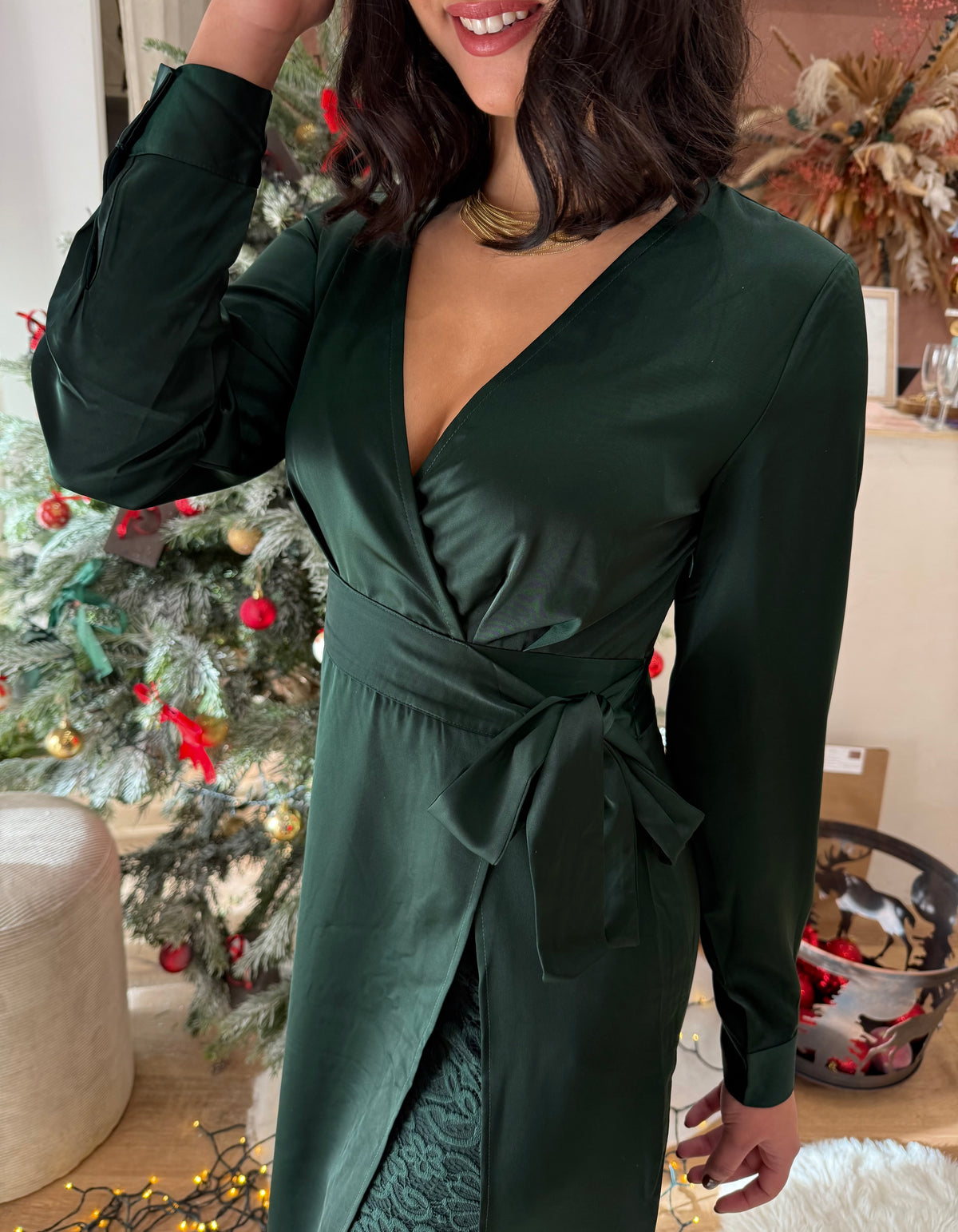 Robe longue satin vert - Léane