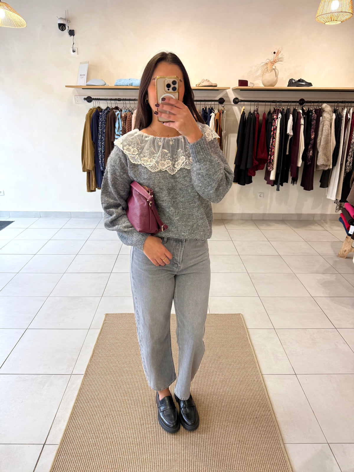 Pull gris dentelle - Sylvia