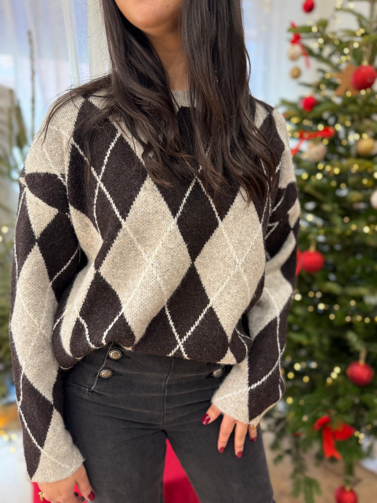 Pull jacquard taupe - Monia