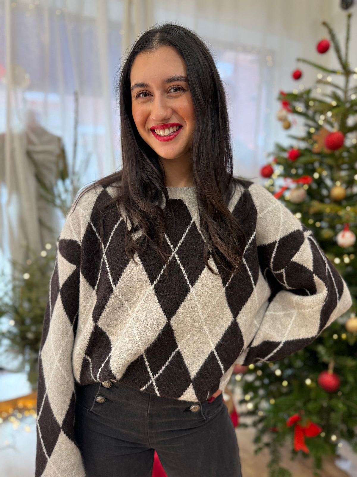 Pull jacquard taupe - Monia