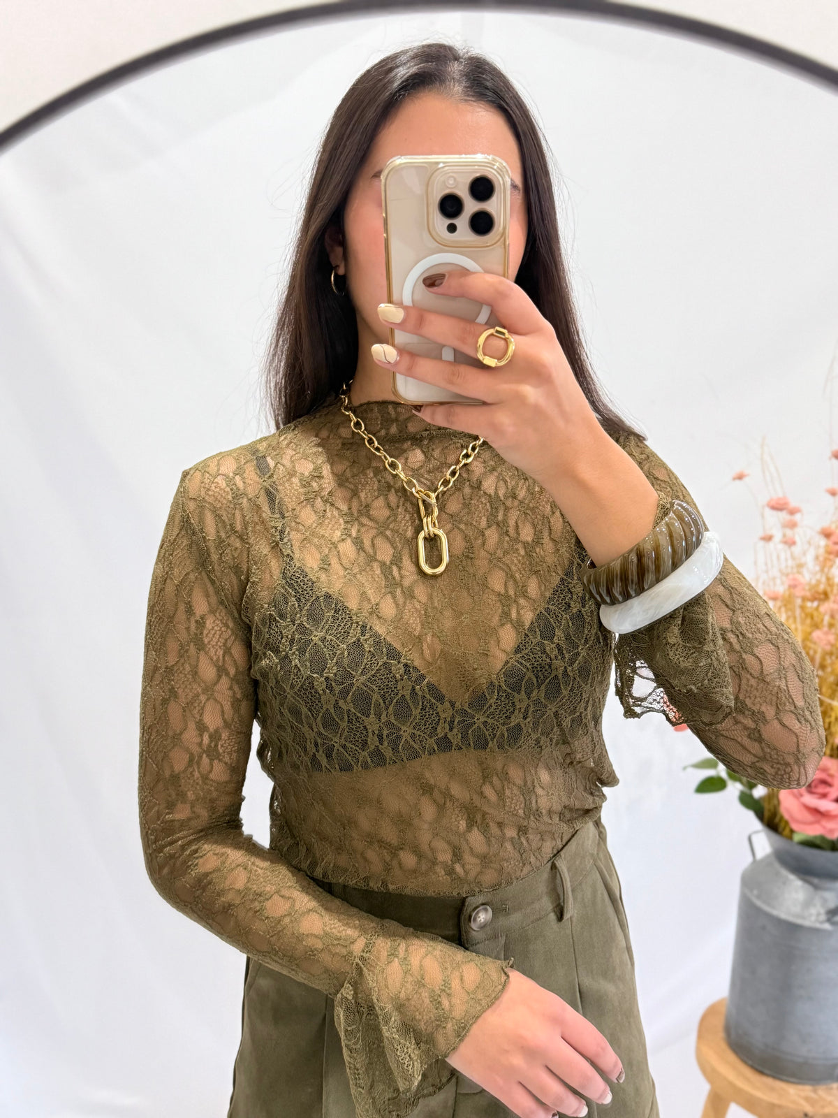 Haut dentelle - kaki