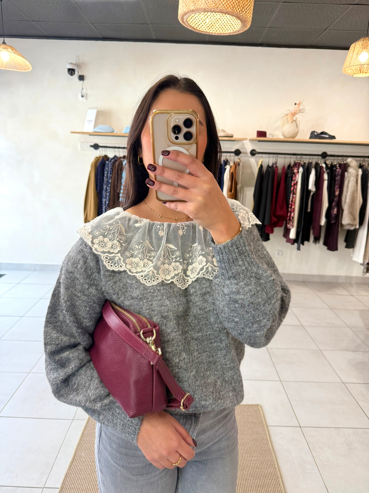 Pull gris dentelle - Sylvia