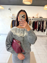 Pull gris dentelle - Sylvia