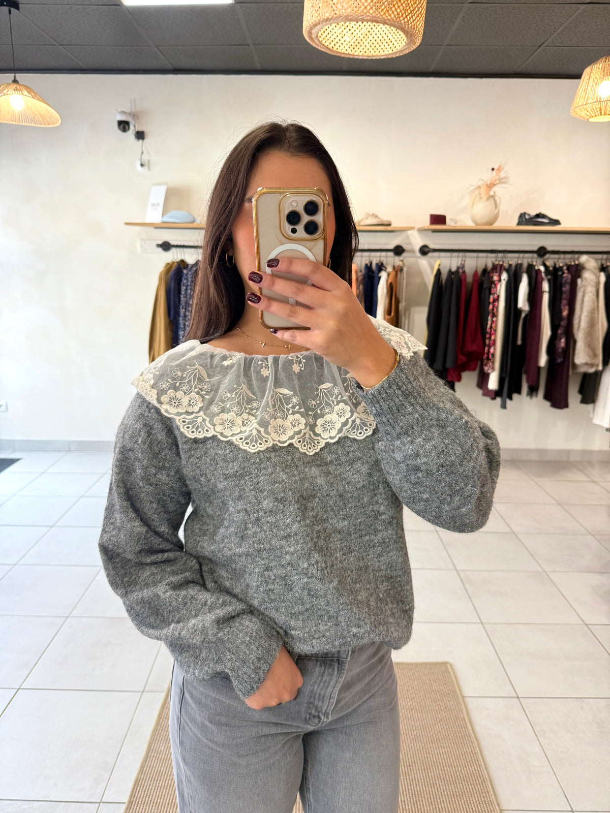 Pull gris dentelle - Sylvia