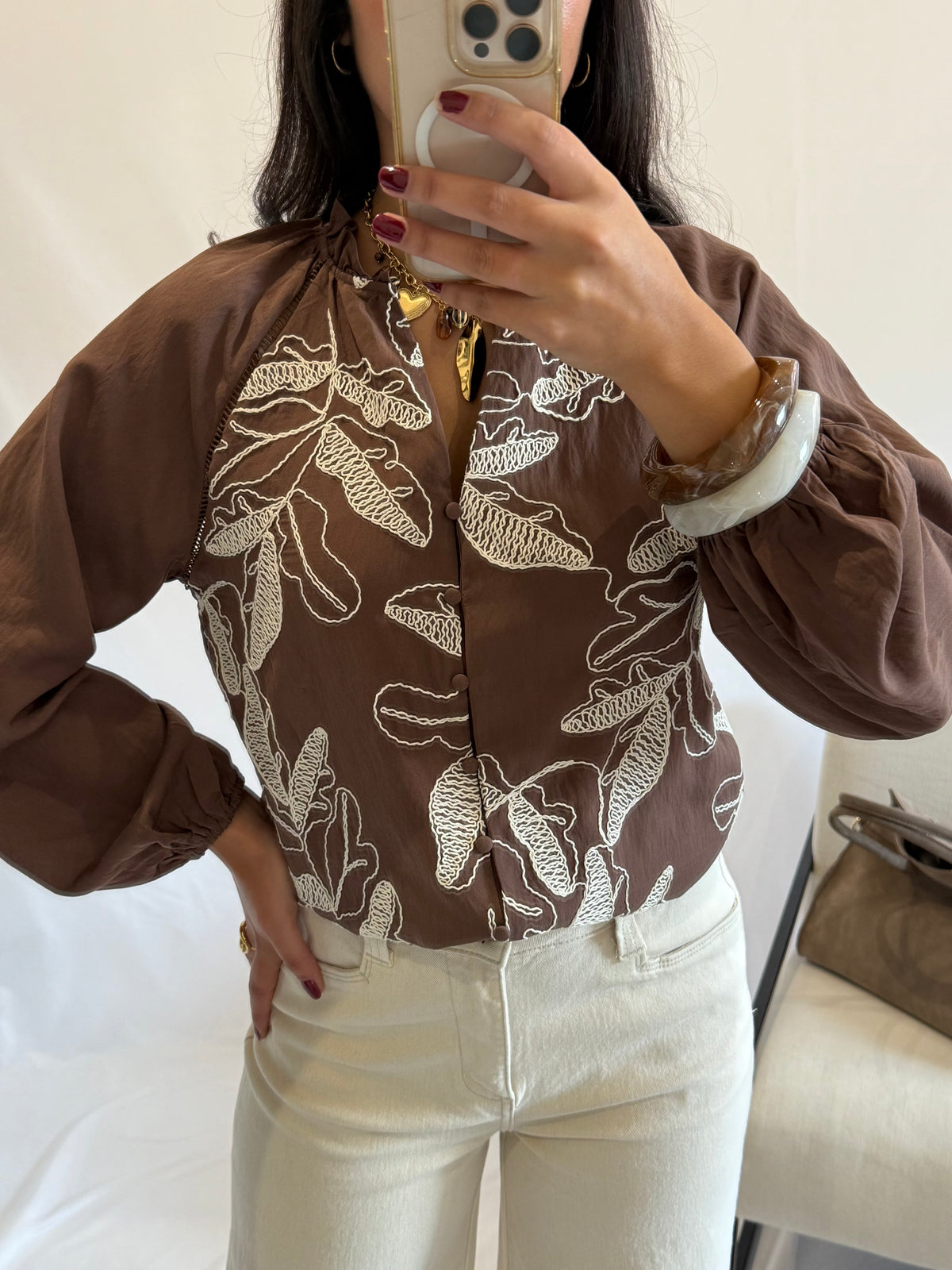 Blouse chocolat motifs - Ambre