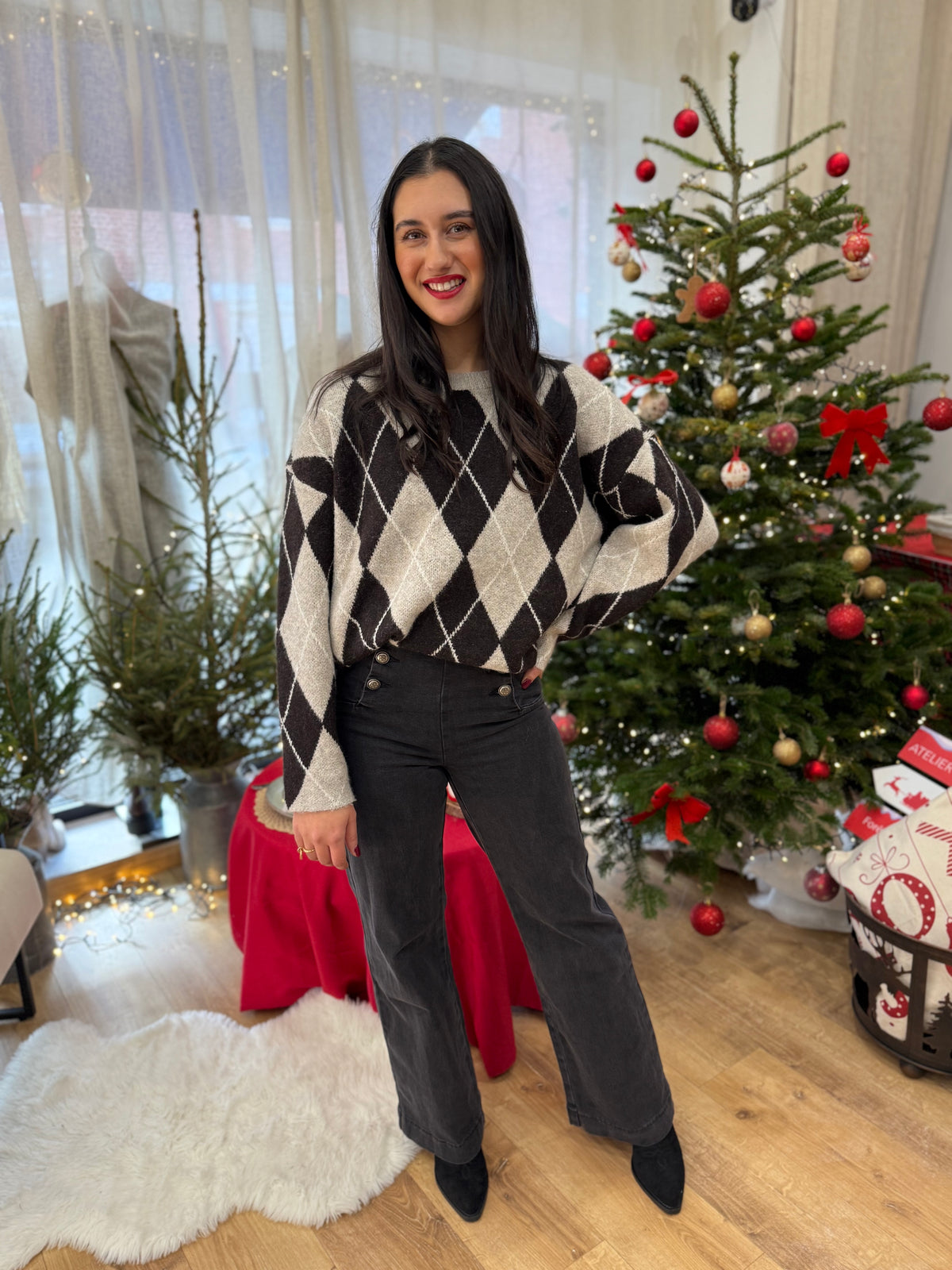 Pull jacquard taupe - Monia