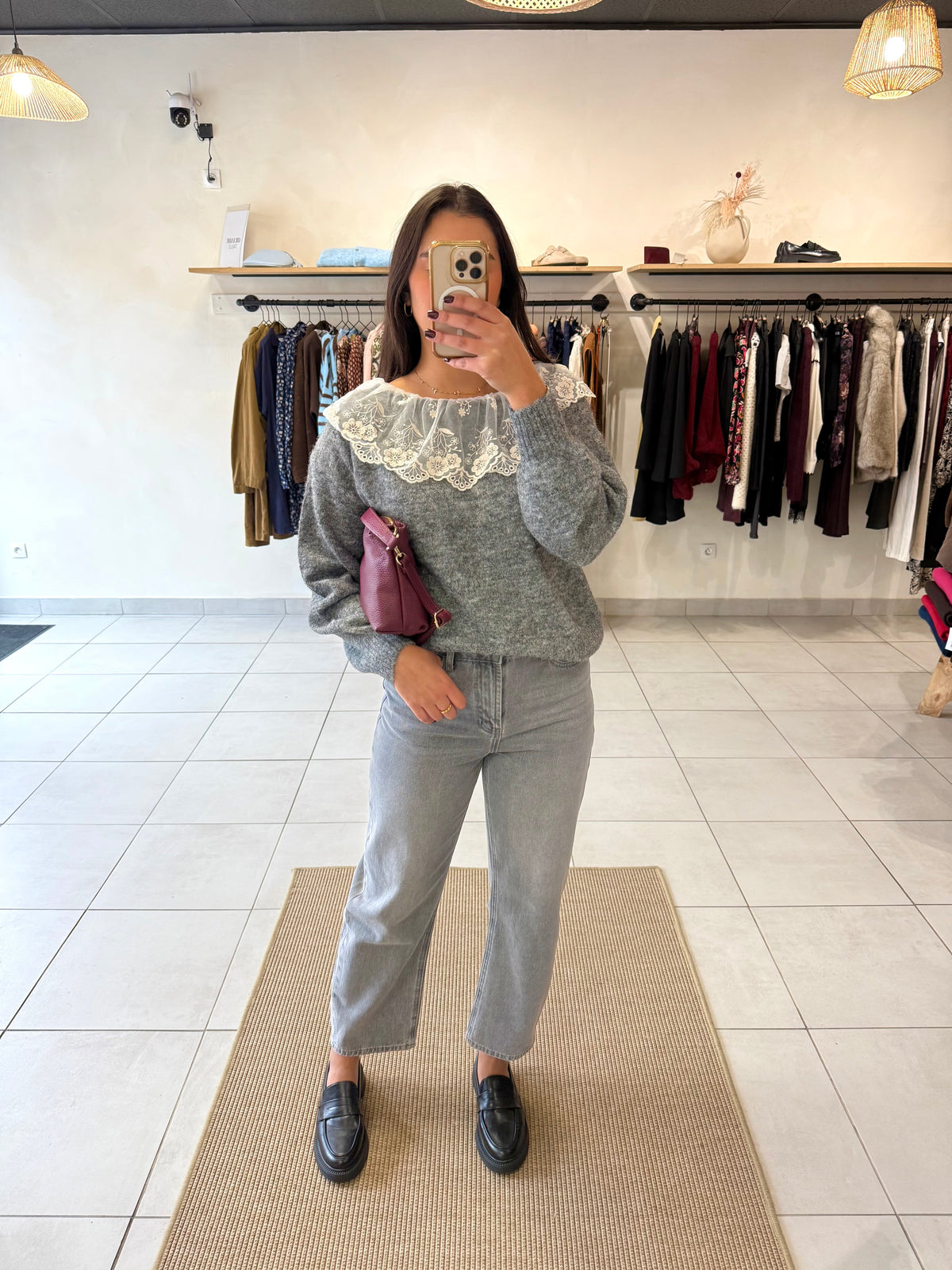 Pull gris dentelle - Sylvia