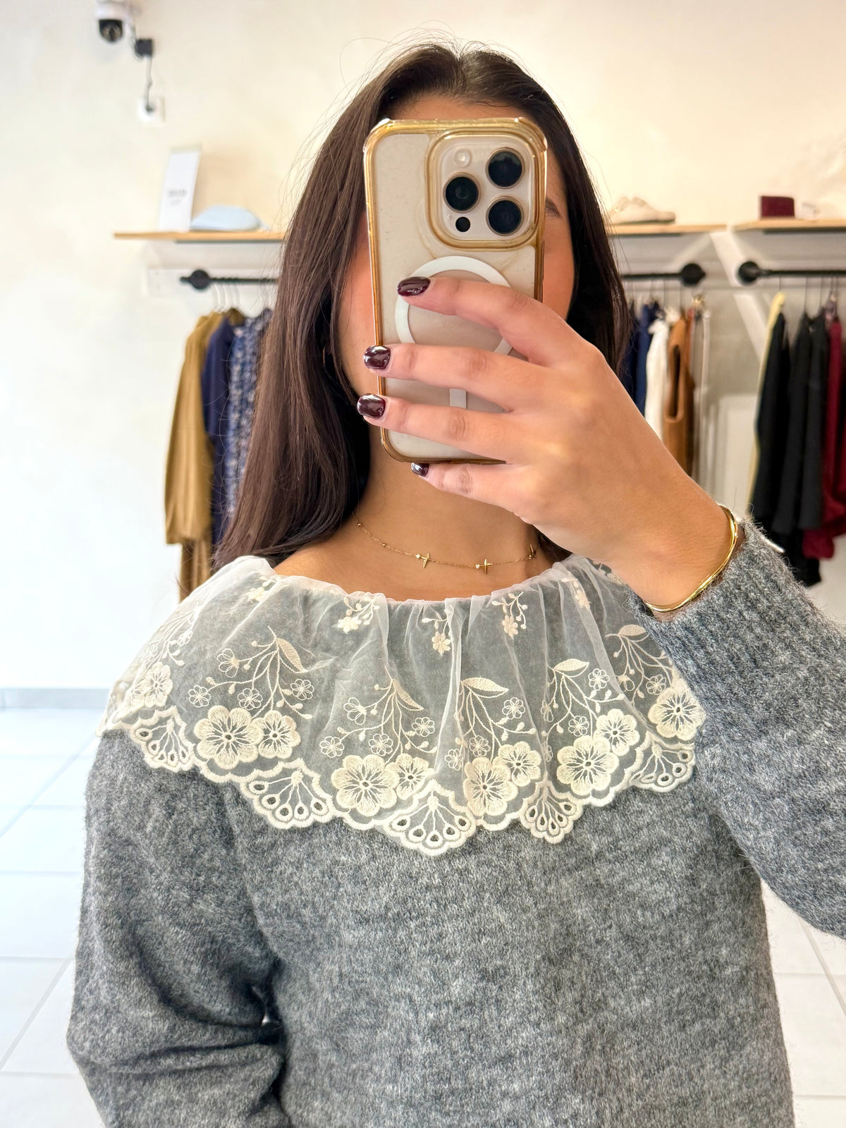 Pull gris dentelle - Sylvia